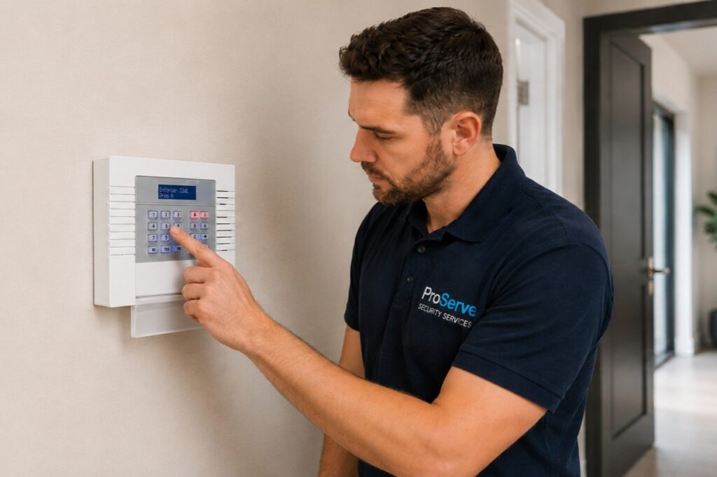 Engineer servicing a Pyronix intruder alarm system in Bedford