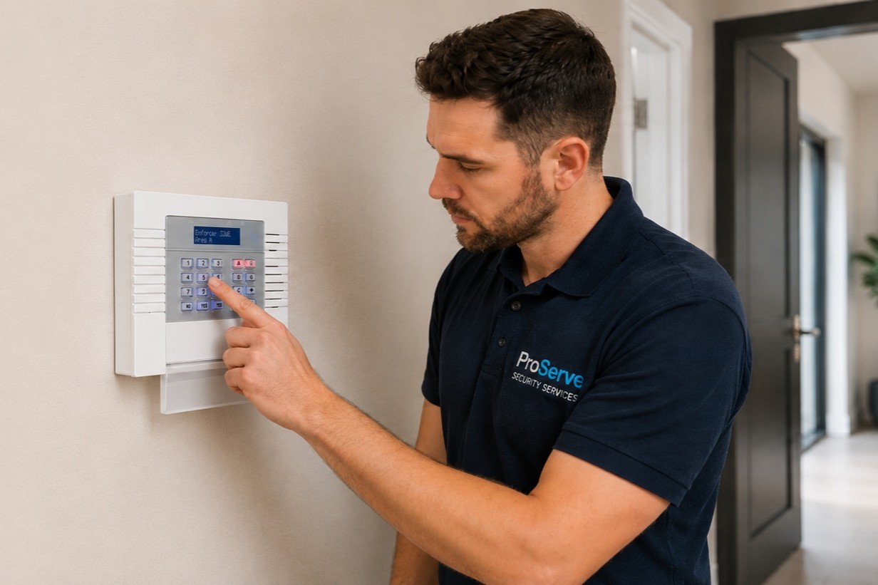 Engineer servicing a Pyronix intruder alarm system in Bedford